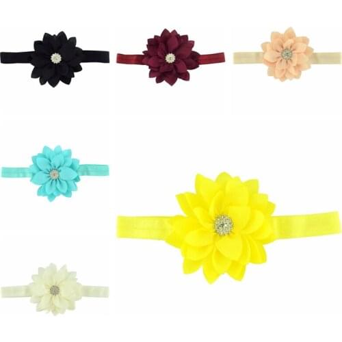 9 CM Handmade Fabric Flower Elastic Headband Boutique Acrylic Diamond Chiffon Lotus Infant Hairband Children Headwear 16 Colors