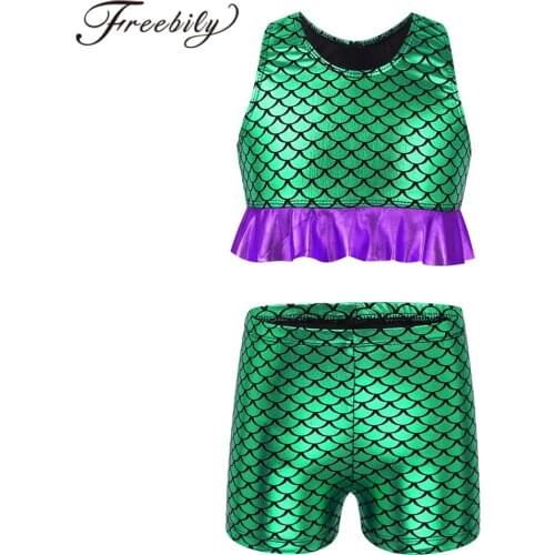 2Pcs Kids Girls Sets Fish Scales Printed Racer Back Peplum Hem Crop Top with Low Rise Shorts Gym Gymnastics Cheer Dance Costume