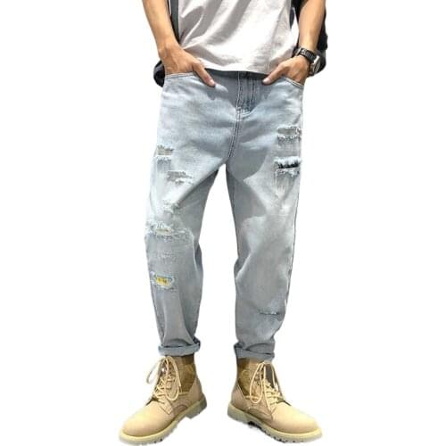 Jeans Men Spring Summer Straight Lose popular logo Rig Light Blue Harlem Conical Casual distressed Ripped Ankle-length pants