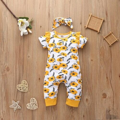 Baby Summer Outfit Set Toddler Baby Girls Rompers Sunflower Stripe Ruffle Floral Bodysuits Jumpsuit +Headband