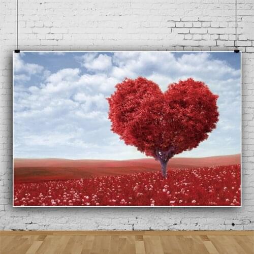 Laeacco Red Love Heart Tree Thanksgiving Day Decor Flower Blue Sky White Clouds Poster Photographic Background Photo Backdrops