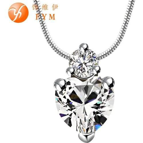 FYM Hot Silver Color Crystal Cubic Zirconia Necklace Heart Pendant Wedding Necklaces for Young Girls Chain Statement Necklace