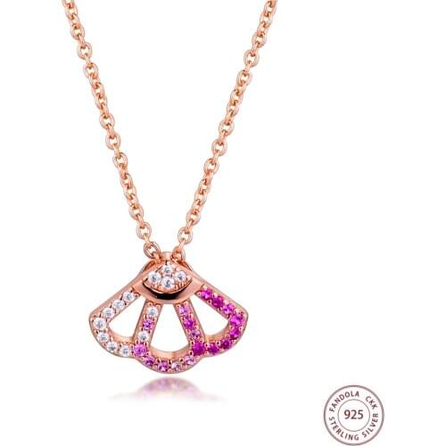 Genuine 925 Sterling Silver Necklace Rose Gold Pink Fan Collier Necklaces for Women Girls Fine Jewelery Gift Bijoux Femme