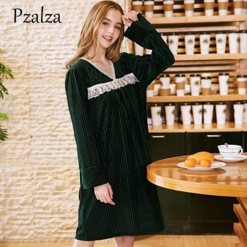 New Autumn Night Dress Long Sleeve V-Neck Lace Sleepwear Velour Dress Women Nightwear Nightgown Sleep wear Casual One Size