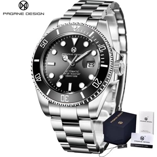 Pagrne Design Top Luxury Brand Business Style Black Stainless Steel Clock Nh35 Movement Automatic Chain Mechanical Watch uасы