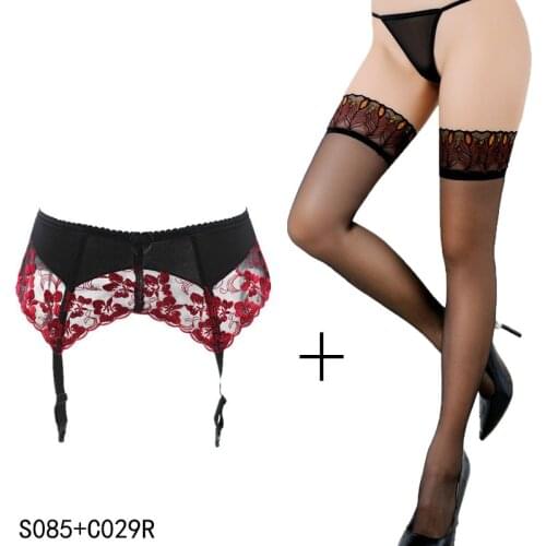 Sexy Garters Stocking Plus size Wine Red Embroidery Flower Garter Belts with Stockings set for Women/Female/Lady S085+S