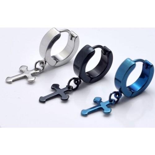 Cross dangler ear clip man titanium steel stud earrings 5 colors Free Shipping 50pcs/lot