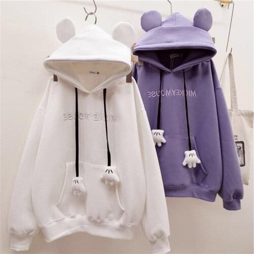 Winter Kawaii Cat Ears Paw Women Korean Cute Hoodies Students Fleece Loose Casual Sweatshirt Letter Embroidery Pullover