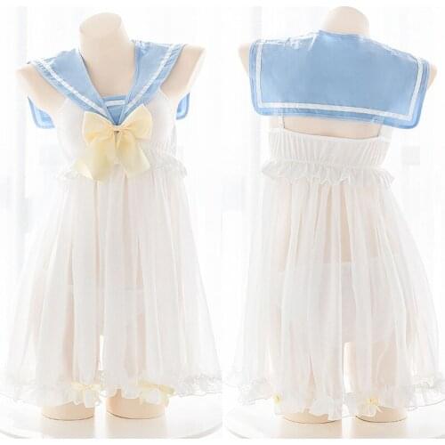 Japanese Cute Vitality Girl Light Blue Sailor Collar Perspective Home Service Sexy Sweet Uniform Dress Sexy Lingerie Transparent