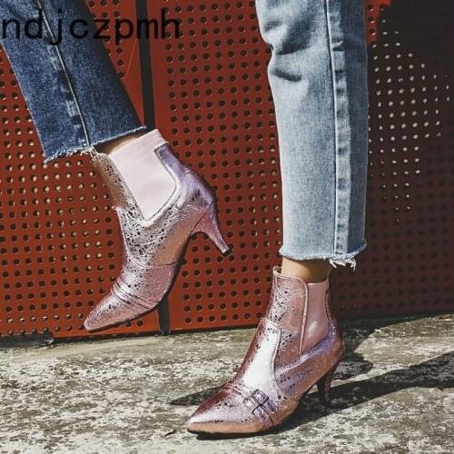 Womens Boots Autumn and Winter The New Fashion Pointed Belt Buckle Fine Heel Mid Heel Short Tube Womens Shoes Size 33-48 Black