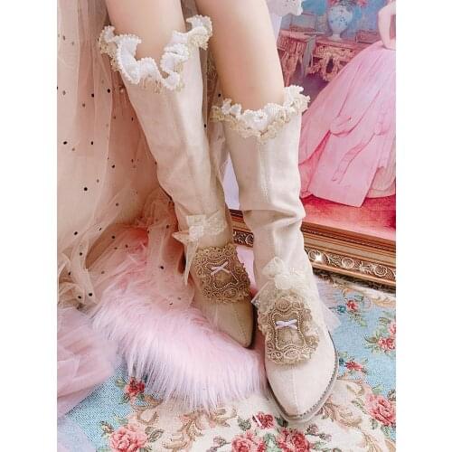 Womens Pointed Toe Knee Thigh High Boots Lace Chunky Heel Shoes Suede Leather Princess Lolita DIY Sweet Girls X-mas Gift