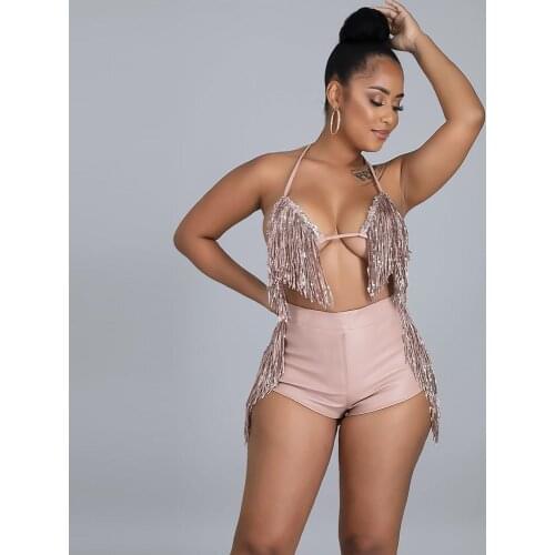 Women Sequined Tassels Two Piece Set Sexy Halter Lace Up Bra + Mini Shorts Outfits 2021 Summer Nightclub Prom Backless Clothes