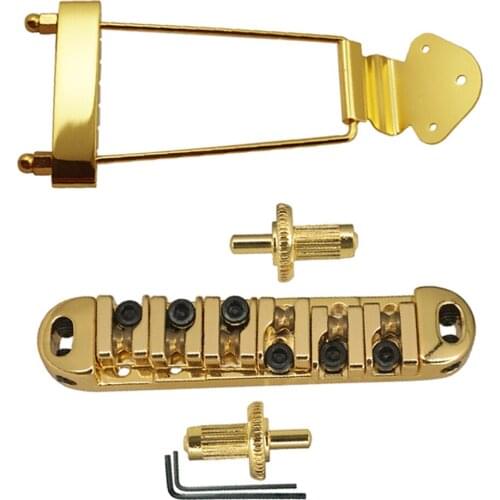 1 Pack Zinc Alloy Jazz Guitar Tailpiece with Roller Saddle Bridge, Small Lock Anchors and Wrenches - Golden