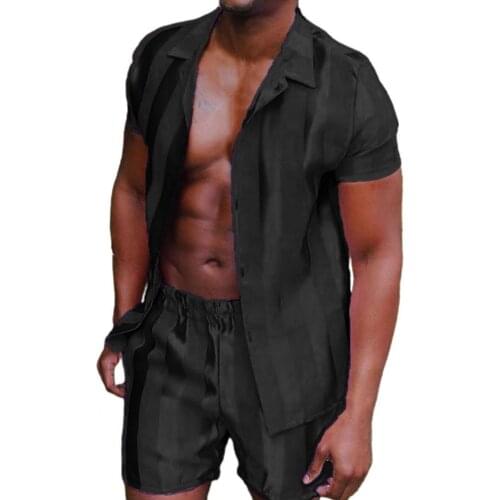 2021 Stylish Mens Suit Turn-down Collar Striped Plus Size New Fashion Short Pants Sports Suit for Summer Daily Wear