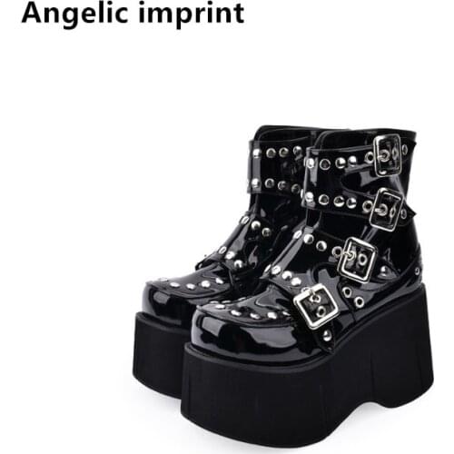 Angelic imprint Women Gothic motorcycle punk boots lady short Boots woman high trifle heels pumps shoes rivets 33-47 10cm heels