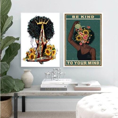 Black Girl Mental Health Poster Mental Be Kind To Your Mind Positive Art Prints African Woman Vintage Canvas Painting Home Decor