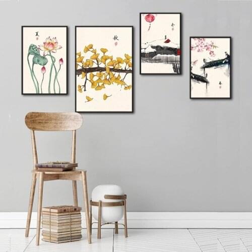 Chinese Style Flowers and Plants Summer Lotus Autumn Yellow Ginkgo Leaves Winter Plum Pictures Canvas Painting Home Room Decor