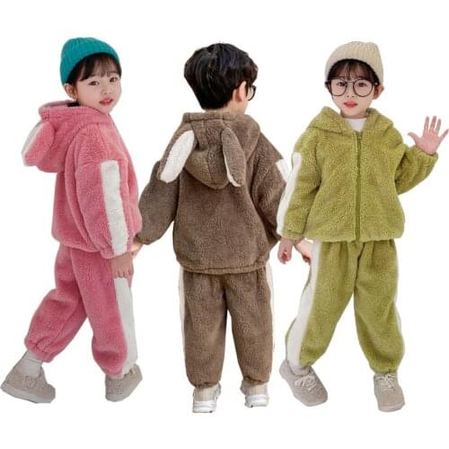 2021 new childrens cotton clothes boys and girls lovely rabbit ear Sweater Set Baby thickened double-sided velvet home clothes