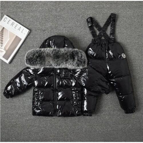 Children down suit Boys and girls down ski suit jacket + overalls 2 sets of real fur collar
