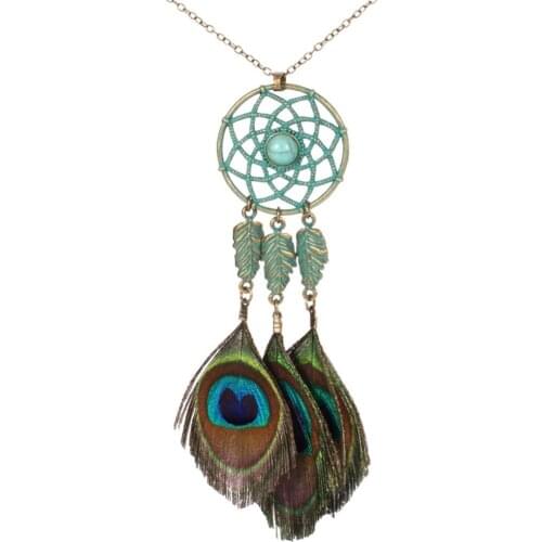 HC Vintage Peacock Feather Pendant Necklace Fashion Women Ethnic Jewelry Bohemian Dreamcatcher Long Sweater Choker Necklace F