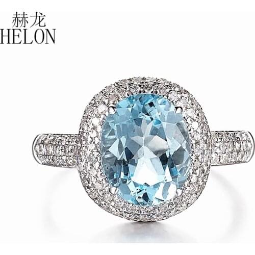 HELON Solid 10K White Gold Oval 9x7mm Blue Topaz Natural Diamonds Engagement Wedding Ring Women Gemstone Diamonds Ring Gift