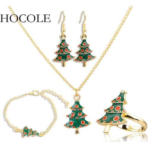 2018 Creative Enamel Xmas Tree Pendant Necklace Drop Earring Bracelet Ring Jewelry Set For Women New Year Christmas Party Gift