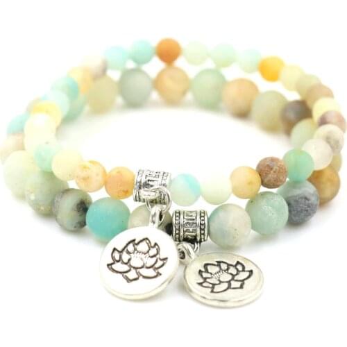 Matte Amazonite Stone Strand Bracelet Yoga Chakra Mala Bracelet OM Lotus Buddha Women Men Beaded Charm Bracelet Handmade Jewelry