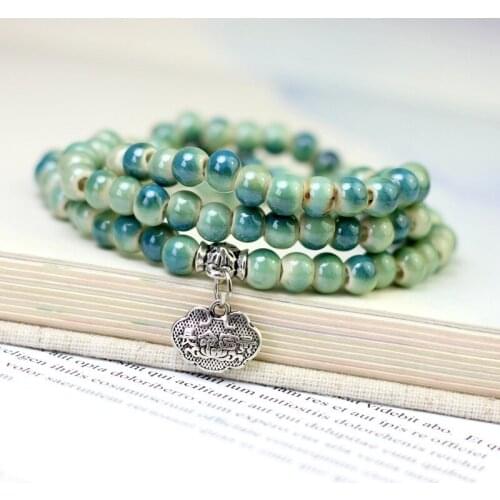 Cute Chinese Style Ceramic Beads Multi-layer Wrap Bracelets For Women Vintage Siver Lock Charm Bracelet Gifts For Girlfriend