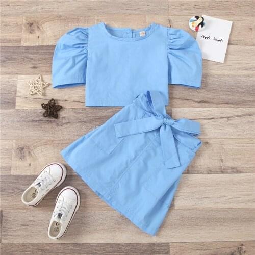 1-6Years Fashion Kids Baby Girl Clothes Sets Puff Short Sleeve + Skirt with Bow Decoration Girls Sweet Summer Clothing
