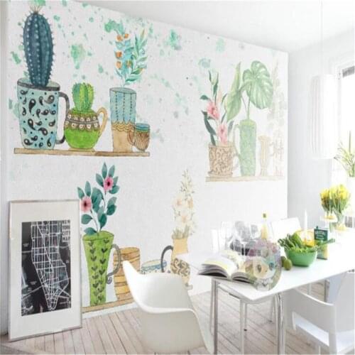 Custom Mural Wallpaper Small Fresh Bonsai Cactus Sofa Simple Bedside Background Wall Painting