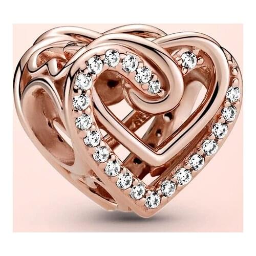 New 100% 925 Sterling Silver Sparkling Entwined Hearts Charm Fit Original Pandola Bracelet DIY fine Jewelry Valentines Day Gift