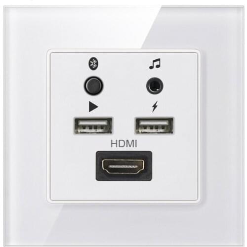 KAIJ Tempered Glass panel wall concealed household Bluetooth+3.5 Audio+HDMI+2USB interface socket
