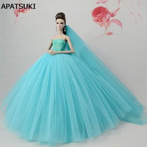 Blue Green Doll Dresses High Quality Long Tail Evening Gown Clothes Wedding Dress +Veil For Barbie Doll 1:6 Doll Accessories