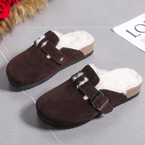 2020 Winter Womens Slippers Pumps Slip on Plush Warm Slides Round Toe Belt Female Autumn Casual Flip Flops Platform Fur Slides