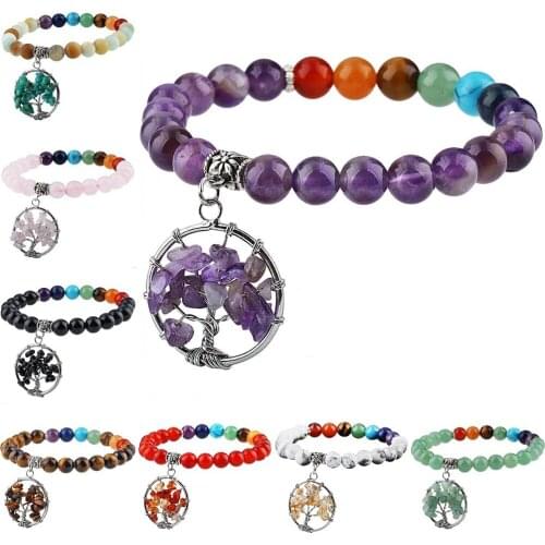 SUNYIK 7 Chakra Stone Beads Elastic Bracelet with Tree of Life Dangle Charms Yoga Meditation Bangle for Women Men