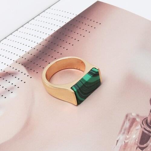 Light Yellow Gold Color Rectangle Shape Malachite Stone Finger Ring for Women Green Turquoises Jewelry