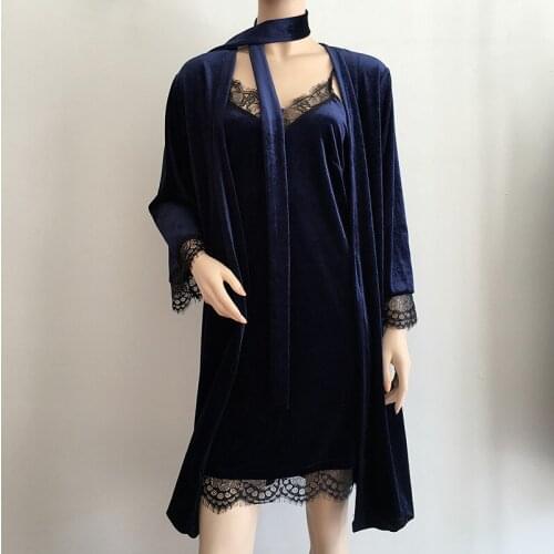 Warm Robes High Quality Solid Lace Patchwork Kimono Bathrobe Gown Women 3 Pcs Robe Set Nightgown Sleepwear