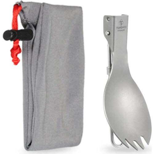 TOMSHOO Outdoor Camping Tableware Titanium Spoon Fork 2-in-1 Folding Spork Hiking Backpacking Dinner Spork Utensil Spoon Fork