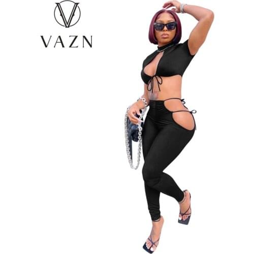 VAZN 2020 Hot Sale Women Solid Short Sleeve Bandage Sport Set Tracksuit Sexy Suit Two Piece Set Sport Running Lady Sets