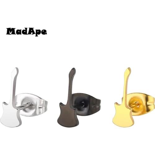 MadApe 2019 New Fashion Musical Instrument Earrings 316L Stainless Steel Gold Color Guitar Stud Earrings For Women Ear Jewelry