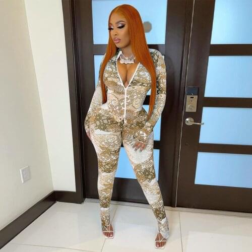 2021 Wave Print Zip Up Long Sleeve Sexy Jumpsuit Autumn Women Fashion Streetwear Outfits Skinny Stretchy Romper