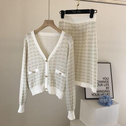 Autumn Houndstooth Knitted Two Piece Set Women Crop Top Sweater Cardigan Tops + Skirts Sets Korean Fashion Casual 2 Piece Suits