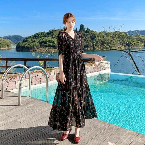 Women Floral Black Maxi Dress Summer 2021 Runway Elegant Vintage Boho Retro Fairy Casual Sea Beach Vacation Party Vestidos New