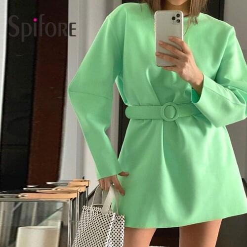 Spifore Green Women Mini Dress New Long Sleeve O Neck Elegant Autumn Winter Dresses Vestidos Sashes Loose Casual Female Outfits