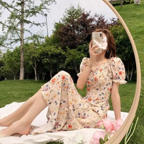 French Retro Print Floral Dress Women Elegant Casual High Street Temperament Dress Female High Street Party Midi Dress 2021 New