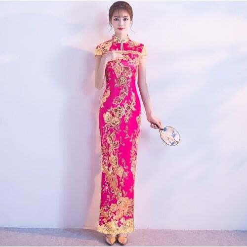 Hot Pink Embroidery Flower Bride Wedding Party For Lady Chinese Dress Elegant Bling Sequins Cheongsam Skirt Straight Gown Qipao