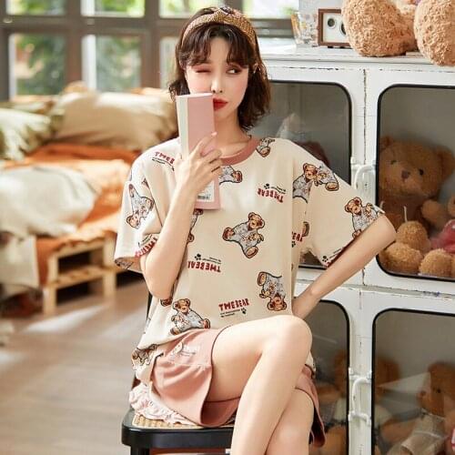 2021 Women Cotton Pajamas Set Summer Short Sleeve Nightwear Little Bears Print Cartoon Cute Women Sleepwear Plus Size Homewear