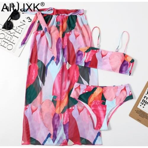 AIUJXK 2021 New Mesh Cover Ups Skirts Swimwear Women Printed Sexy 3 Piece Split Swimsuit Triangle Bikini Beach Wear Bathing Suit