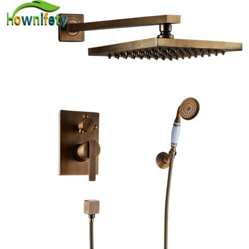 Antique Brass Concealed Shower Set wall mount Shower arm rain 8 inch shower head Brass mixer Spray Shower hot cold Mixer