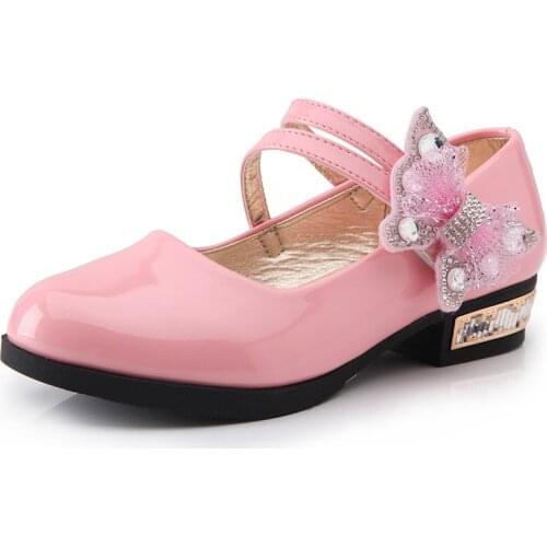 Red black pink Childrens leather shoes Girl Low heeled bows Rhinestone Princess dancing shoes Spring Autumn Wedding Party Shoes